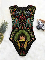 Vintage Print Crew Neck One Piece Swimsuit