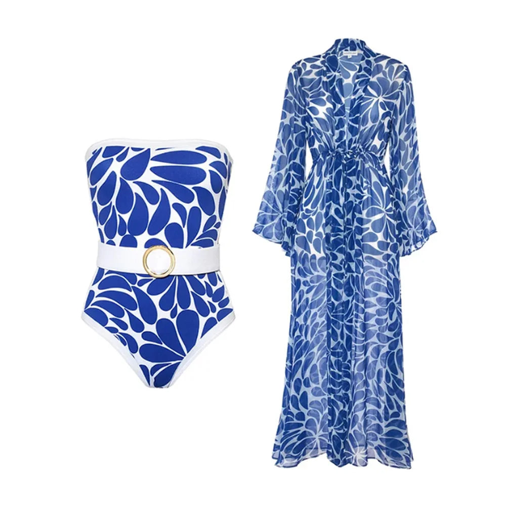 Vintage Blue Print Swimsuit Set