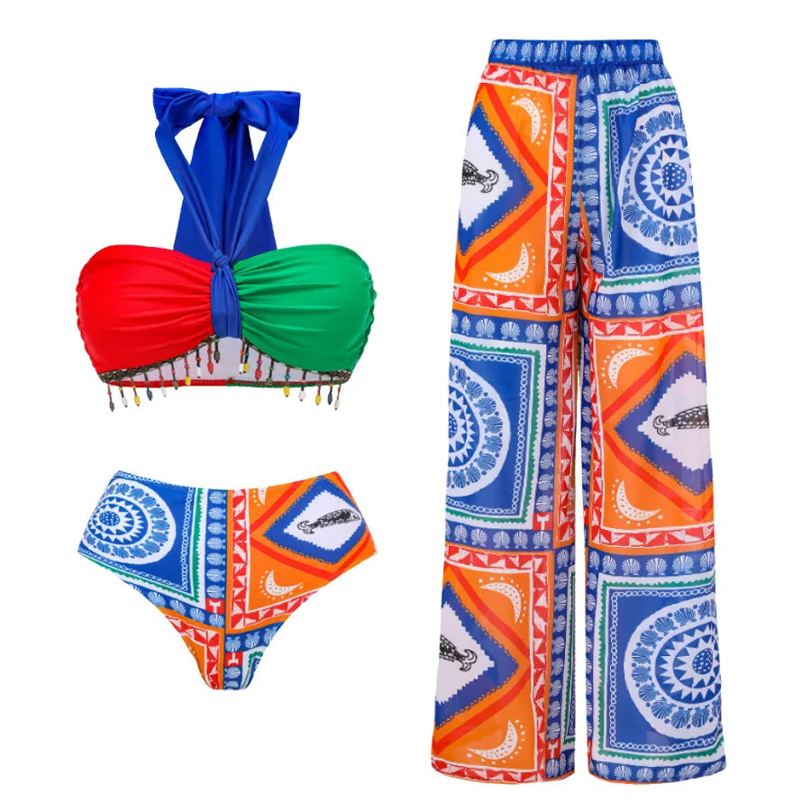 Tassel Print Halter Bikini Set with Matching Pants