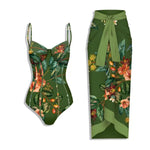 Verdant Bloom One-Piece Swimwear Set With Skirt