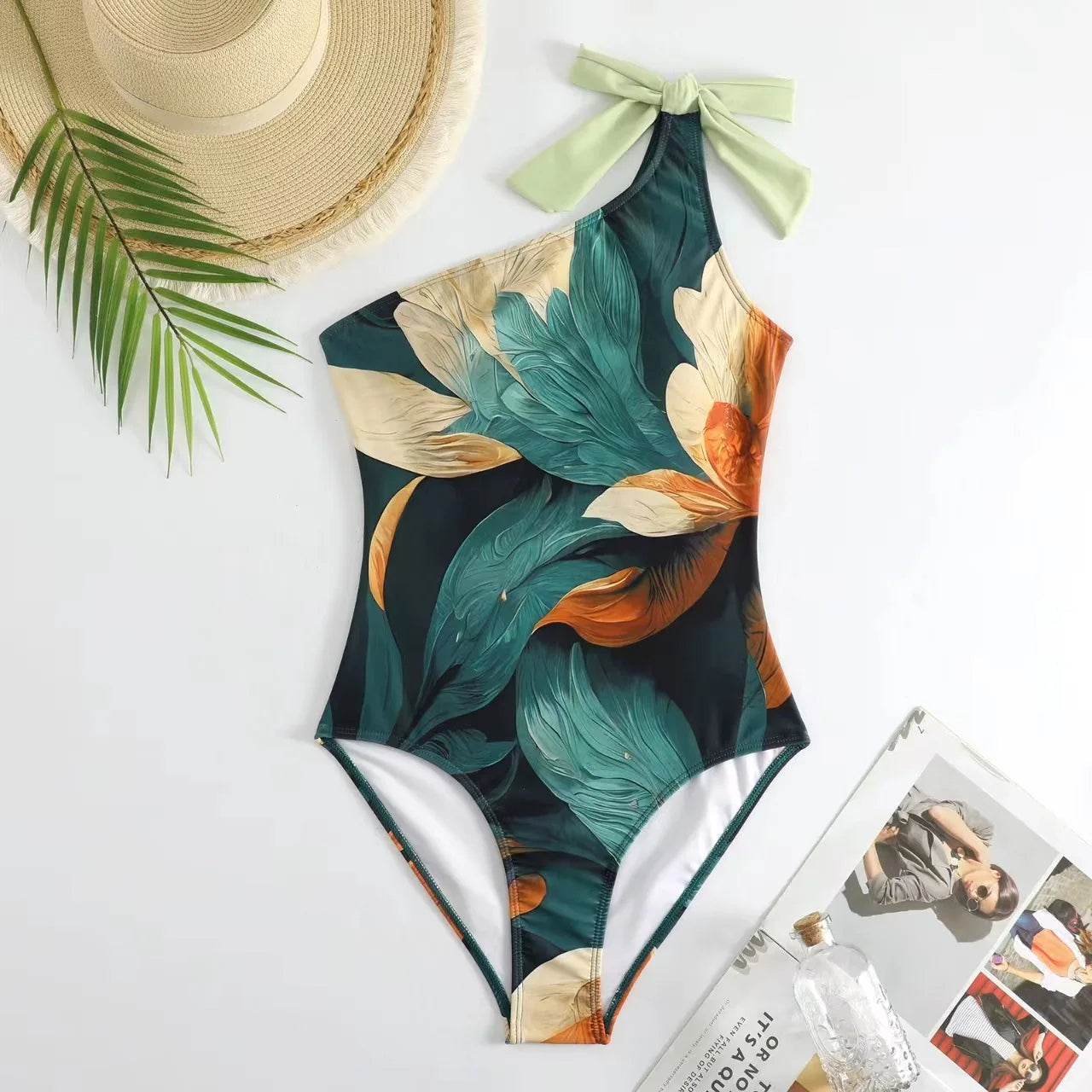 Vintage Floral One-Shoulder Swimsuit Set