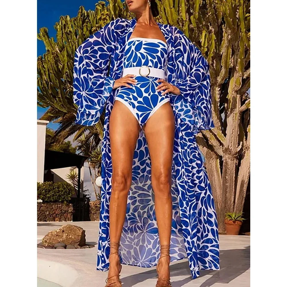 Vintage Blue Print Swimsuit Set