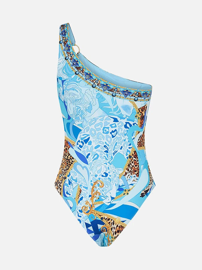 Blue Leopard Print One-Piece Swimsuit