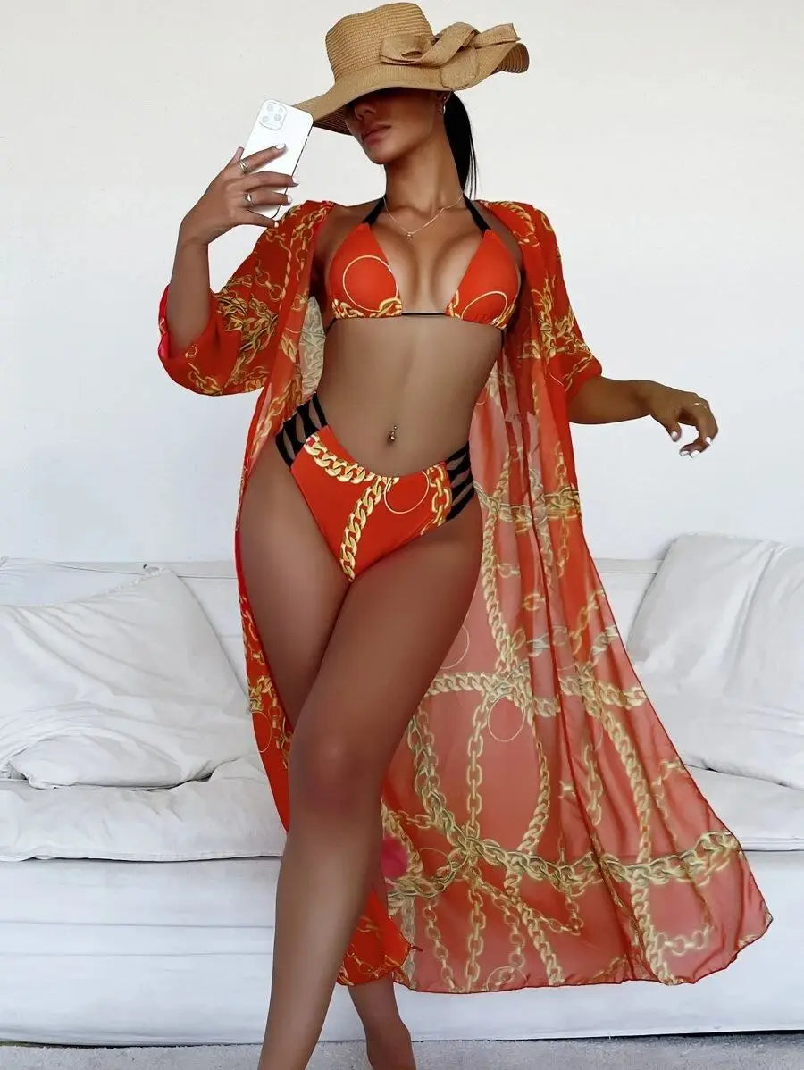 Chain Print Lace-Up Bikini Set with Long Cover-Up Skirt
