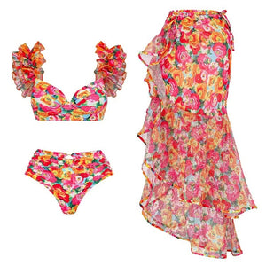 Floral Print Three-Piece Sarong Bikini Swimsuit Set
