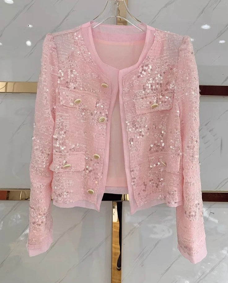 Pink Sequined Long Sleeve Jacket Blouse