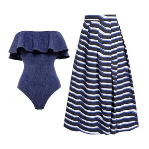 Bodysuit Bikini Swimsuit Set with Skirt