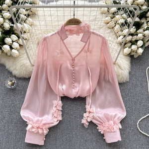 Satin V-Neck Lantern Sleeve Blouse