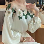 Mesh Patchwork Long Sleeve Embroidered Blouse