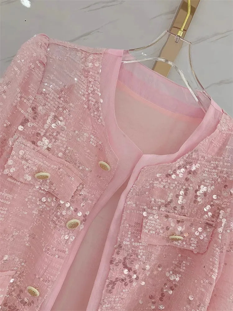 Pink Sequined Long Sleeve Jacket Blouse