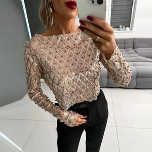 Gold Sequin Shiny Beaded See-through Blouse
