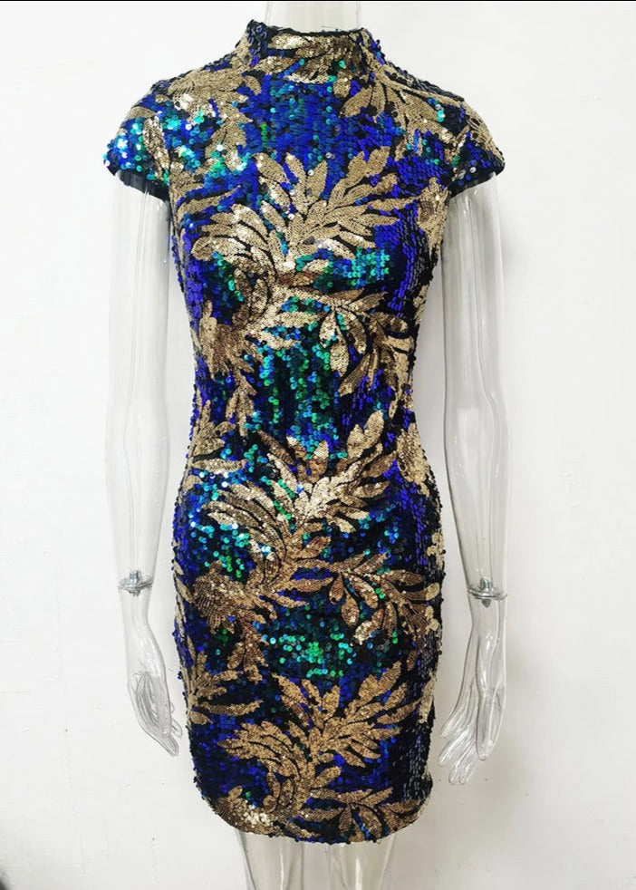 Tropical Glow High Neck Sequined Night Party Dress
