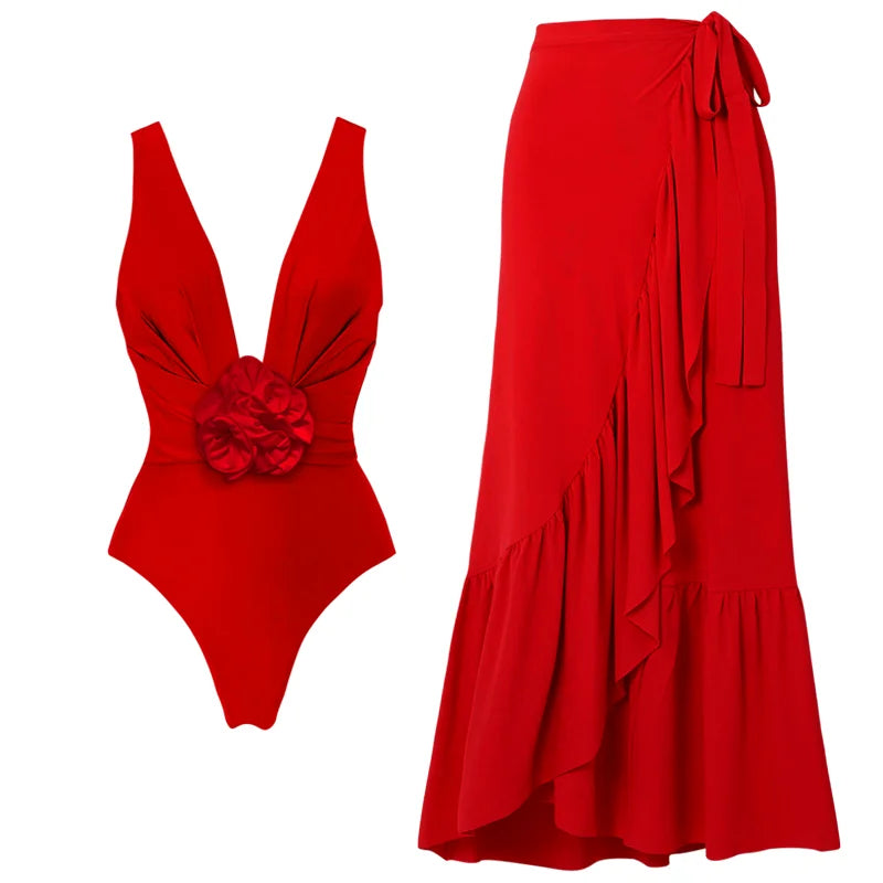 Blossom Red 3D Flower Swim Set with cover up
