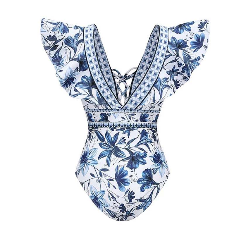 White Sexy Floral Ruffle Swimsuit with cover up