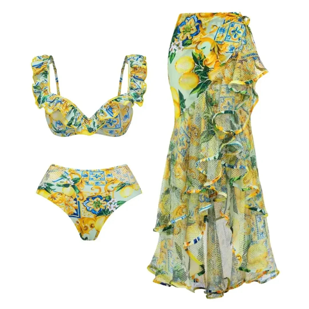 Citrus Chic Ruffle Strap Swimwear with cover up