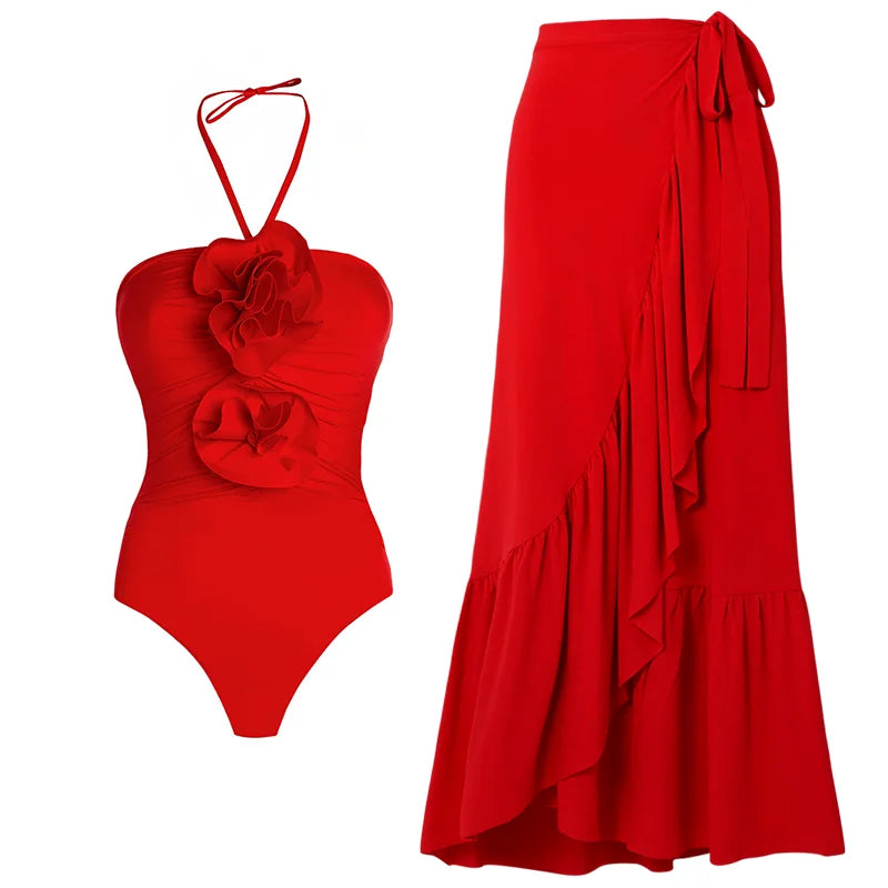 Red High Waist 3D Flower Swimsuit with cover up