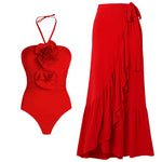 Red High Waist 3D Flower Swimsuit with cover up