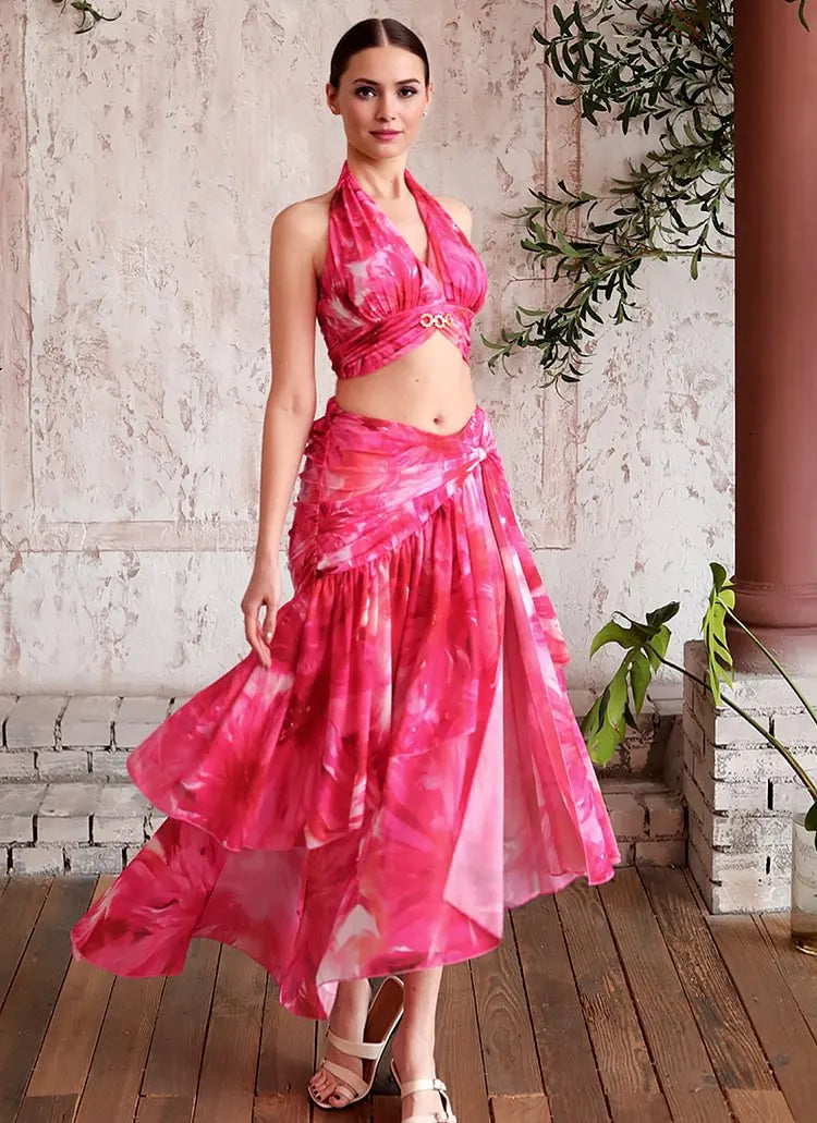 Pink Vintage Floral Halter Bikini Set with cover up