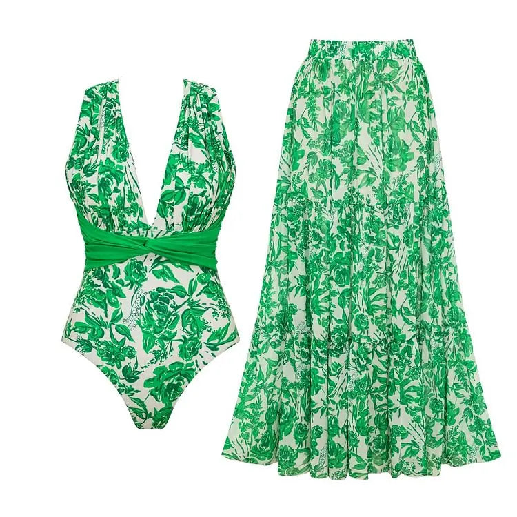 Green Sexy Floral Swimwear with cover up