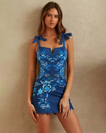 Blue Embroidery Printed Bowknot Shoulder Swimsuit with cover up