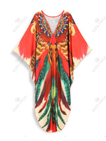 Women's Boho Red Feather Printed Kaftan