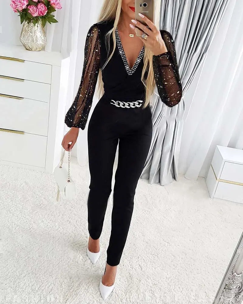 Women s Black Rhinestone Glitter Jumpsuit The Evergreen Cart