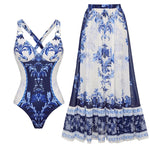 Blue Ceramic Vintage Print Swimwear with cover up