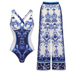 Blue Ceramic Vintage Print Swimwear with cover up