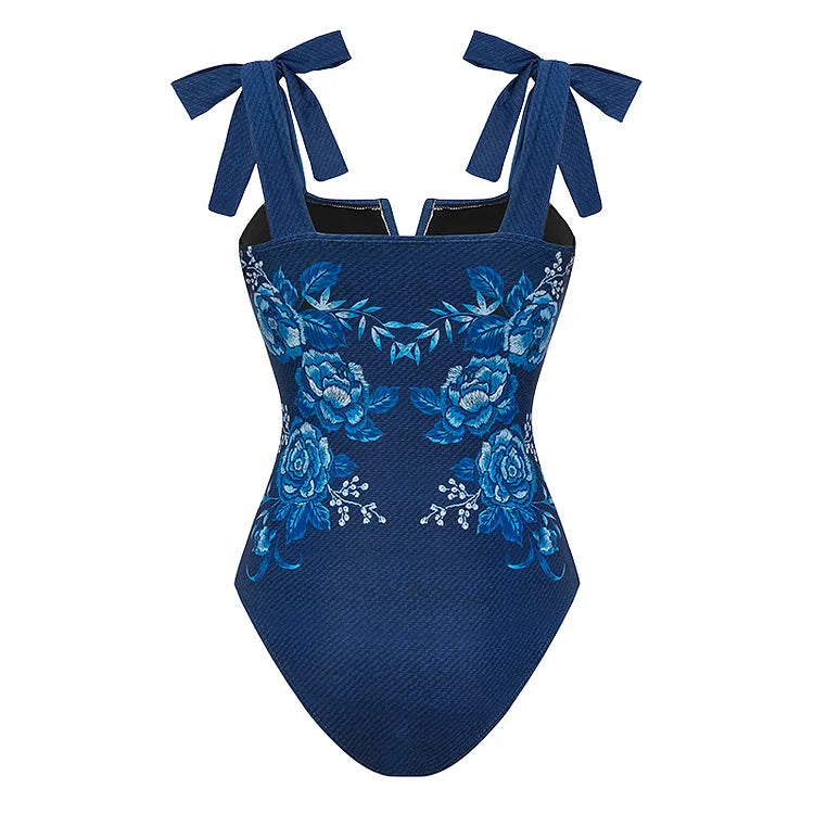 Blue Embroidery Printed Bowknot Shoulder Swimsuit with cover up
