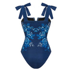 Blue Embroidery Printed Bowknot Shoulder Swimsuit with cover up