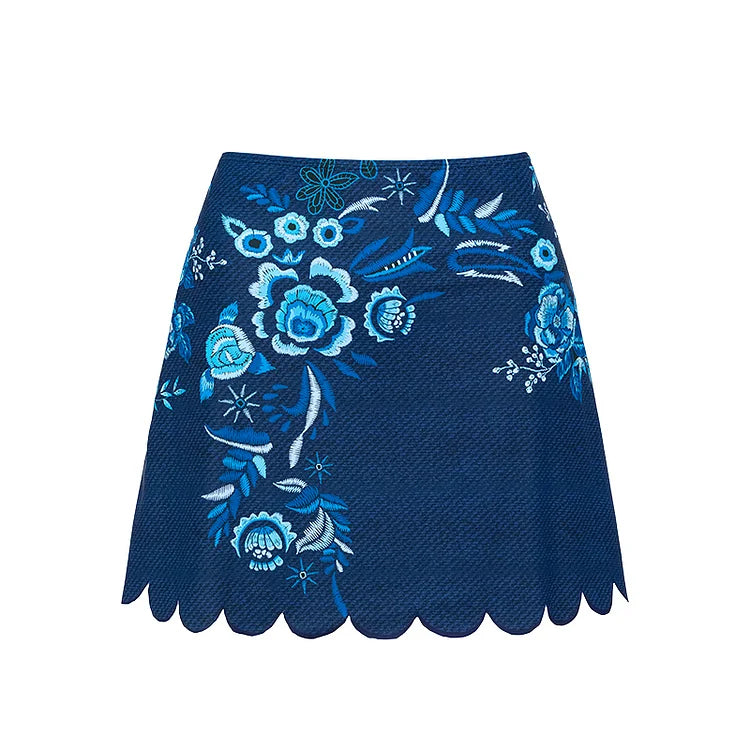 Blue Embroidery Printed Bowknot Shoulder Swimsuit with cover up