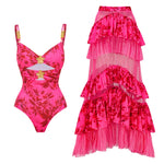 Pink Retro Sling Tassel Swimwear with cover up