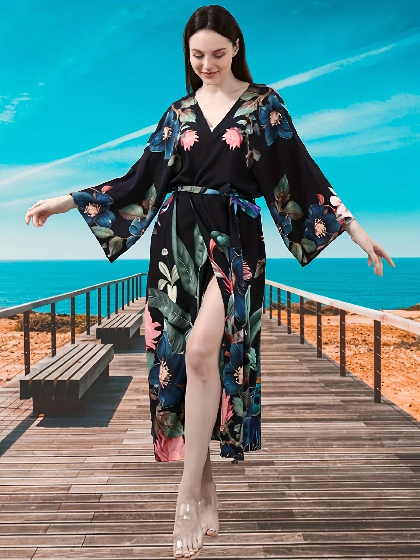 Peacock Drift Kimono Cover-Up