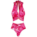 Pink Vintage Floral Halter Bikini Set with cover up