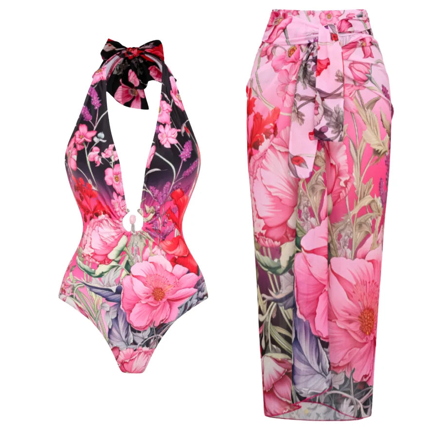 Pink Vintage Bloom Floral Swimsuit with cover up