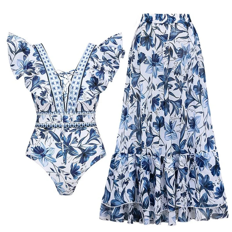 White Sexy Floral Ruffle Swimsuit with cover up