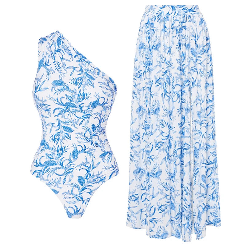 Sexy Printed Oblique Shoulder Swimsuit with cover up