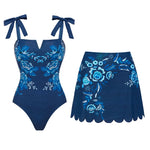 Blue Embroidery Printed Bowknot Shoulder Swimsuit with cover up
