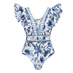 White Sexy Floral Ruffle Swimsuit with cover up