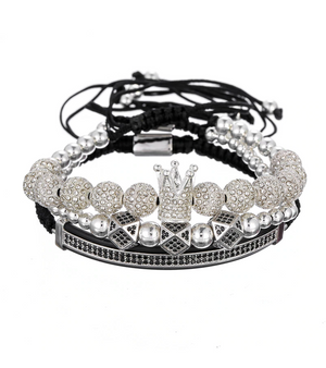 Feel Like a King Luxury Crown Crystal Beaded THREE Layered Bracelet