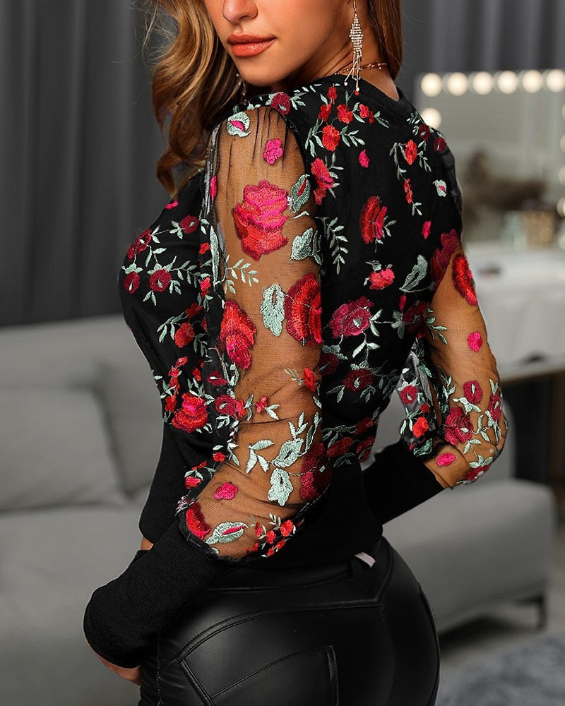 Floral Embroidery Sheer Mesh Blouse - Black – The Evergreen Cart