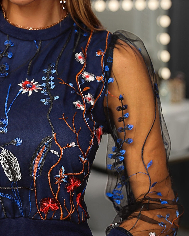 Floral Embroidery Sheer Mesh Blouse - Dark Blue
